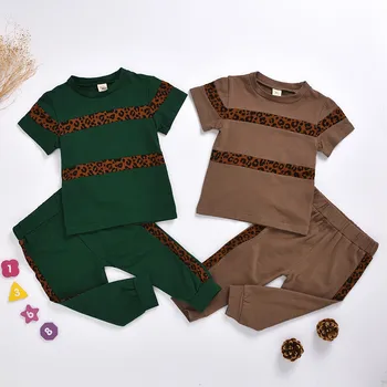 Moda Unisex Copii Seturi de Fete si Baieti Leopard de Imprimare T-shirt de Sus＋Stripe Print Pantaloni de Bumbac Tinuta Set Haine ropa de nino