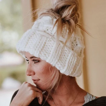 Femei Iarna Coada de cal Fes Tricotat de Mână Messy Bun Pălării pentru Fete Craniu