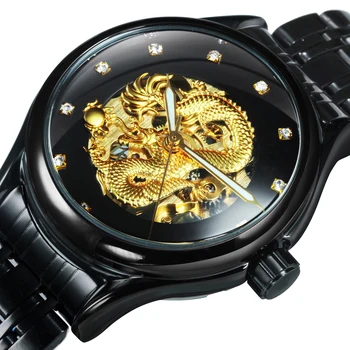 CÂȘTIGĂTORUL Gold Dragon Schelet Automate Mecanice Bărbați Încheietura Ceas din Oțel Inoxidabil Curea Casual Ceas Ceasuri Mens montre homme