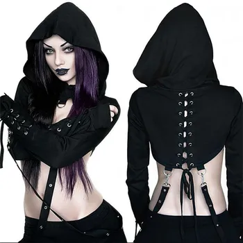 Femei De Moda Negru Gotic Hanorac Craniu Imprimate Crop Top Nit Curele De Cosplay Costum