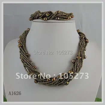En-gros Elegant colier de perle AA 6-9MM culoare Maro apă dulce pearl colier bratara 12rows set de bijuterii A1626