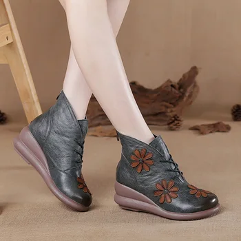 Xiuteng Noua Runda Toe Piele Naturala Pană Toc Glezna Cizme Pentru Femei De Iarnă Caldă Pantofi Femei Cizme Cu Platforma Cu Flori
