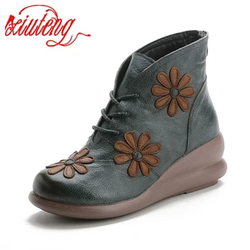 Xiuteng Noua Runda Toe Piele Naturala Pană Toc Glezna Cizme Pentru Femei De Iarnă Caldă Pantofi Femei Cizme Cu Platforma Cu Flori