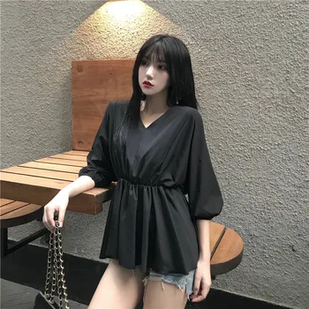 Tricouri Femei Șifon Elegant Stil coreean Confortabil Simplu Solide în Vrac Femei Îmbrăcăminte la Modă de Agrement V-Neck All-meci de Vara