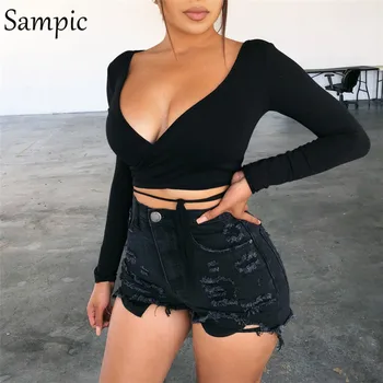 Sampic Casual Cu Maneci Lungi Tricou Femei Crop Top Alb Negru Sexy Cămașă De Vară De Moda Toamna V Gât T Camasi