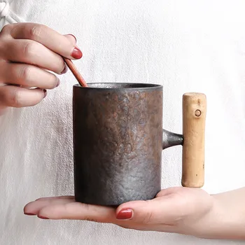 Stil japonez Vintage din Ceramica Cana de Cafea Ceasca de ceai Pahar Rugina Glazura Birou Ceai Lapte Halbă de Bere cu o lingura de Lemn se Ocupe de Cana de Apa