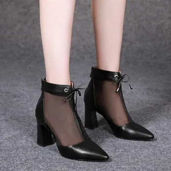 Eleganta Aer ochiurilor de plasă de tocuri inalte sexy Degetul Ascutit pantofi de vara ziping negru toc sandale de moda Streetwear tocuri inalte femei