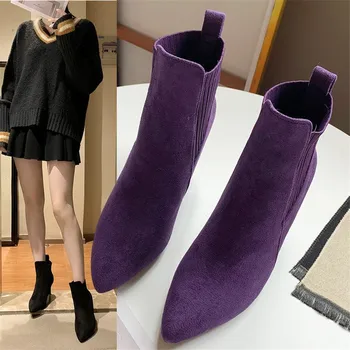 2020 Primăvară nouă Stilet Subțire Tocuri Ascuțite Toe de Înaltă calitate piele de căprioară Sexy Glezna Cizme pentru Femei Feminina de tricotat lână Boot Femeie
