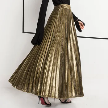 2018 Primăvară Femei Fuste Lungi Brand De Moda A-Line Plisate Fuste Slim Talie Mare Mare Leagăn De Aur Fusta Faldas Mujer Saias