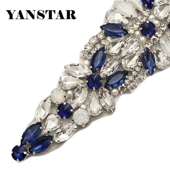 YANSTAR(1buc) Mireasa Eșarfă de Argint și albastru de Cristal Pietre Aplicatii de Fier Pentru Rochie de Mireasa Cercevea decor nunta YS934B