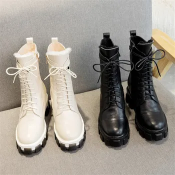 Asumer 2021 mai noi pantofi de iarna pentru femei lână cizme de zăpadă din piele încălțăminte rotund toe dantela-up casual glezna cizme pentru femei