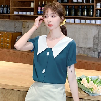 2021 Culoare Solidă Despicare Coreean Maneca Scurta Șifon Bluza Femei Blusas Mujer De Moda Dulce Doamnelor Topuri Haine 9094 50