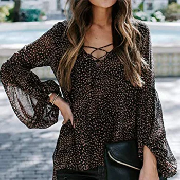 Toamna Leopard Split Cruce Bluze pentru Femei V-neck Felinar Lung Maneca Bluza Femei 2020 Noua Moda Streetwear Doamnelor Tunica Topuri