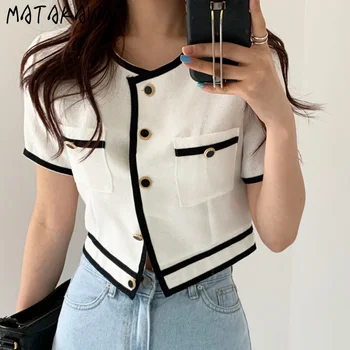 MATAKAWA coreea Retro Gât Rotund Femei Tricou de Culoare de Contrast Linie de Design Bluza Chic Butonul Vrac Scurt Femei Blusas