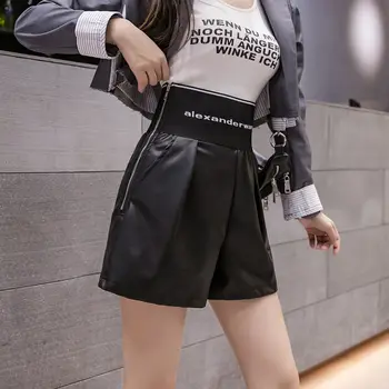 2020-coreean PU Faux din Piele pantaloni Scurți Femei Toamna Iarna Talie Mare Largi Picior Scurt femei Sexy Negru Mușchi de vacă cu Centură Scurt Femme