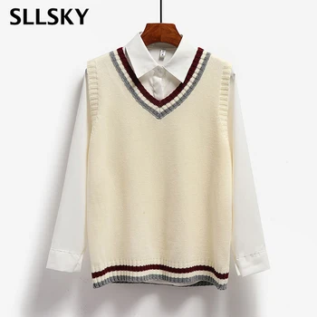 Sllsky Moda pentru Femei Solid V-Neck Vesta Tricotate Largi Casual Dulce fără Mâneci pulover Pulover 2020 Moale, Primăvară, Toamnă Topuri