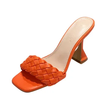 Noul Design Țese Papuci Toc Cui Femei Tocuri Înalte De Moda Square Toe Pantofi Doamnelor Cross-Curea Sandale De Vara