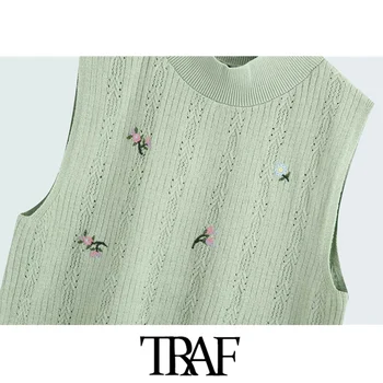 TRAF de Moda pentru Femei Floral, Broderie Decupată Vesta Tricotate Pulover Epocă O Gatului Maneca Lunga Femei Vesta Chic Topuri