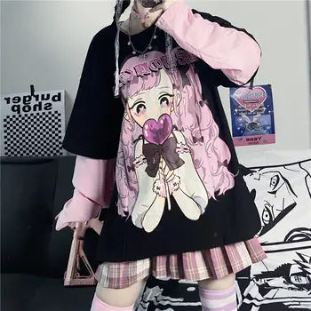 Al doilea element Anime îmbrăcăminte Harajuku oversezed t-shirt roz Dragoste fata maneci Scurte gotic drăguț Japoneză y2k topuri naruto tee