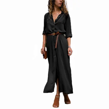 Moda Butonul Rochie Lunga Eleganta pentru Femei Mâneci Lungi Rochii Casual Munca Rochie cu Buzunar Plus Size Slim Neagra Rochii Femei