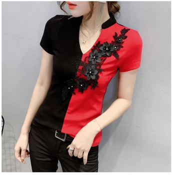 Stil chinezesc Femei Teuri de Vară Floare Broderie tricouri Doamna Maneca Scurta Rosu Teuri de Flori T-shirt