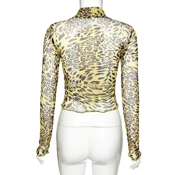 OMSJ 2020 Nouă Primăvară-Vară Bar Club Sexy ochiurilor de Plasă Subțire Scurt, tricouri cu Maneca Lunga Leopard Print Tee Femei Bodycon Topuri