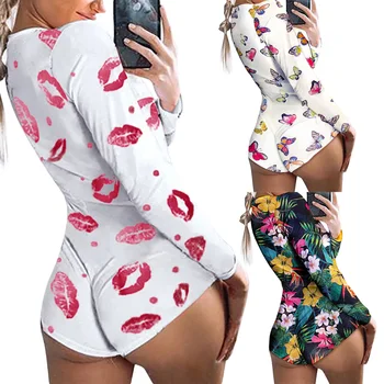 Femei Sexy V Adânc Gât Florale Imprimate Bodysuit Doamnelor Vara Bodycon Costum De Sex Feminin Cu Maneci Lungi Vladan Salopete D30
