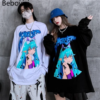 Bebovizi Anime Japonez Print Supradimensionat Tricou Streetwear Coreene, Hip-Hop Tricou De Toamna Cu Maneci Lungi T-Shirt Harajuku Topuri