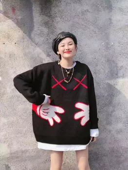 Moda O-Gât Pulover Tricotat Femei Toamna Iarna cu maneca Lunga Pulover Casual Topuri Largi de Desene animate Tricot Mickey Pulovere Femei