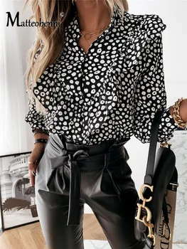 Casual Leopard Dot Print Ruffle Bluza Tricou 2020 Toamna Iarna Cu Maneca Lunga Camasi Femei Elegante Office Lady V-Gat Buton Topuri