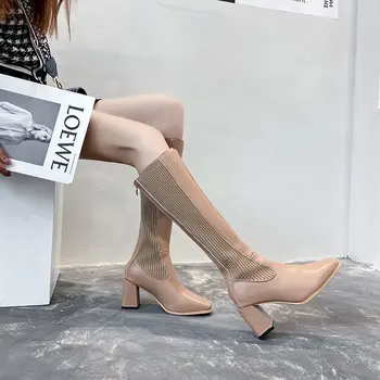 2020 Femei Cizme Genunchi Ridicat Pene Tocuri Pantofi De Iarna A Subliniat Toe Sexy Material Elastic Pentru Femei Cizme Pentru Femei Dimensiune 35-39