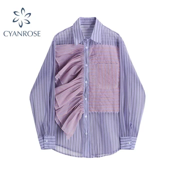 Violet Cu Dungi Tricou Femei Mozaic De Moda Casual, Toamna Stil Coreean Mânecă Lungă Pierde Butonul Femeie Bluze Blusas Sus