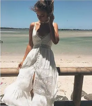 Alb Vestidos 2019 Moda de Vara Femei Sexy Curea V Gât Croșetat Dantelă Talie Patinator Rochie Casual, de plaja Boho Lung Maxi Rochii