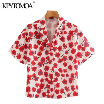 KPYTOMOA Femei 2020 Moda Print Floral Buton-up Bluze Vintage Rever Guler Maneci Scurte Largi de sex Feminin Tricouri Topuri Chic