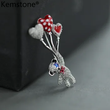 Kemstone Urs Mic Cubic Zirconia Rosu Argintiu Culoare desen Animat Animale Pin Broșă de Bijuterii Cadouri pentru Femei