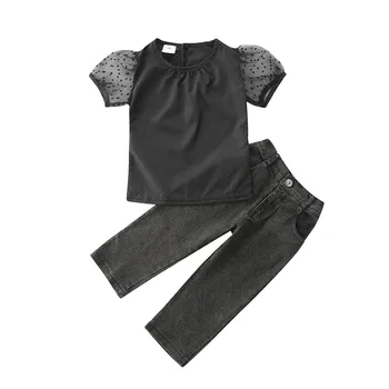 PUDCOCO de Moda pentru Copii Fete 2 buc Tinutele Solid Puff Sleeve T-shirt, Blaturi+Denim Pantaloni Lungi Casual de Vara Haine Set 1-6Y