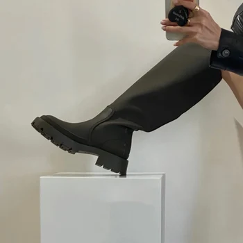 Microfibra Femei Platforma Cizme Genunchi Alunecare Pe Stil Britanic Fund Gros Lung Botas Mujer Casual Doamnelor Feniminal Pantofi De Designer