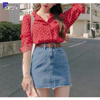 Toamna Toamna De Bază Tricouri Bluze Femei Cu Maneci Lungi Stil Preppy Temperament Lady Red White Dot Buton De Cămașă Top Coreea Style 7626
