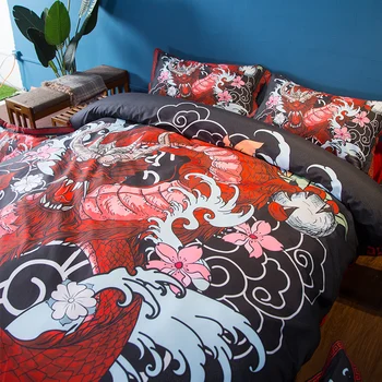 Home Textile Dragon Set de lenjerie de Pat Gemene Full, Regina King Super-King Size Negru rosu față de pernă Dormitor Quilt Capac Set de lenjerie de pat
