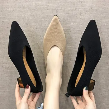 2020 Primăvară mai Noi Pompe de Pantofi de Moda pentru Femei Sexy V Gura Tesatura Elastica Tocuri tocuri medii bareta Aluneca pe Birou ShoesB411