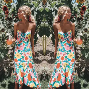 2019 Moda Rochie De Vara Femei Doamnelor Butoane Petrecere Pe Plaja Rochie Midi De Vacanță Florale Sundress