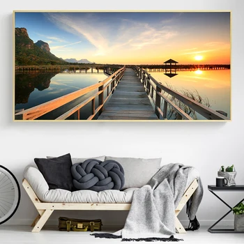 Apusuri de soare Pod de Lemn, Lac, Peisaj Postere si Printuri Panza Pictura Cuadros Scandinave Arta de Perete de Imagine pentru Camera de zi
