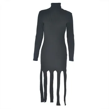 ANJAMANOR Negru cu dungi Tricotate Rochie Pulover Moda de Iarnă Sexy Plus Dimensiune Ciucure Guler cu Maneci Lungi Rochii Midi D12-DC36