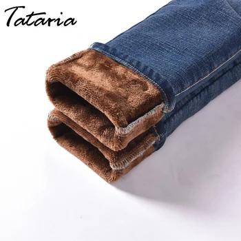 Tataria Talie Mare Iarna pentru Femei Jeans pentru Femei Cald Iarna Blugi cu Fleece Skinny Femei Denim Stretch Pantaloni de Catifea Albastru