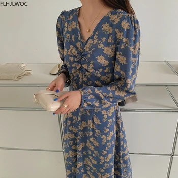 2021 Noi Chic Coreea Feminin Vestidos Moda Pentru Femei Cu Maneca Lunga Talie Subțire O Linie Retro Vintage Cu Print Floral Drăguț Rochie Drapata