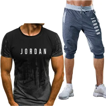 Men ' s2-bucata Jordan Culoare Solidă Scrisoare de Imprimare T-shirt, pantaloni Scurți Scurt de Vară Costum Sport Barbati Costum de Funcționare Baschet Sport