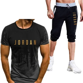 Men ' s2-bucata Jordan Culoare Solidă Scrisoare de Imprimare T-shirt, pantaloni Scurți Scurt de Vară Costum Sport Barbati Costum de Funcționare Baschet Sport