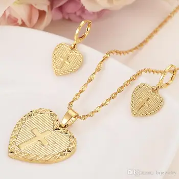 Aur dubai inima cruce Seturi de Bijuterii Cercei Pandantiv colier cu lanț de mireasa pentru Femei Petrecerea de nunta mama cadouri