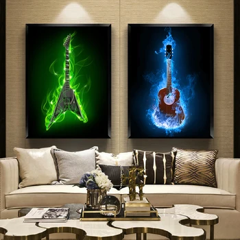 Instrumente Muzicale Moderne Foc, Care Arde Chitara Electrica Poster Canvas Tablou De Perete De Arta, Printuri Camera De Zi De Decorare Imagini
