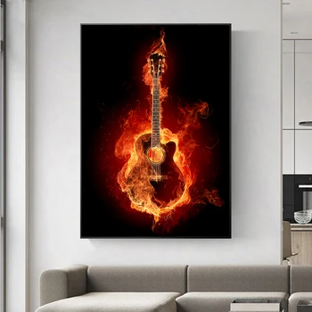 Instrumente Muzicale Moderne Foc, Care Arde Chitara Electrica Poster Canvas Tablou De Perete De Arta, Printuri Camera De Zi De Decorare Imagini